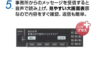 5.事務所からのメッセージを受信すると音声で読み上げ。見やすい大画面表示なので内容をすぐ確認、返信も簡単。