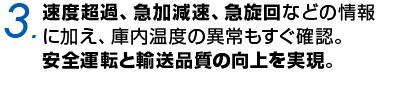 3.速度超過、急加減速、急旋回などの情報に加え、庫内温度の異常もすぐ確認。安全運転と輸送品質の向上を実現。