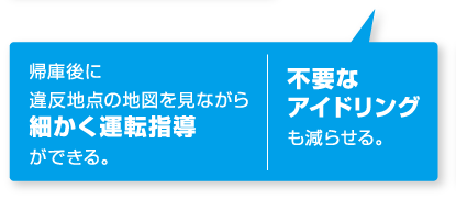 帰庫後に違反地点の地図を見ながら細かく運転指導ができる。 不要なアイドリングも減らせる。